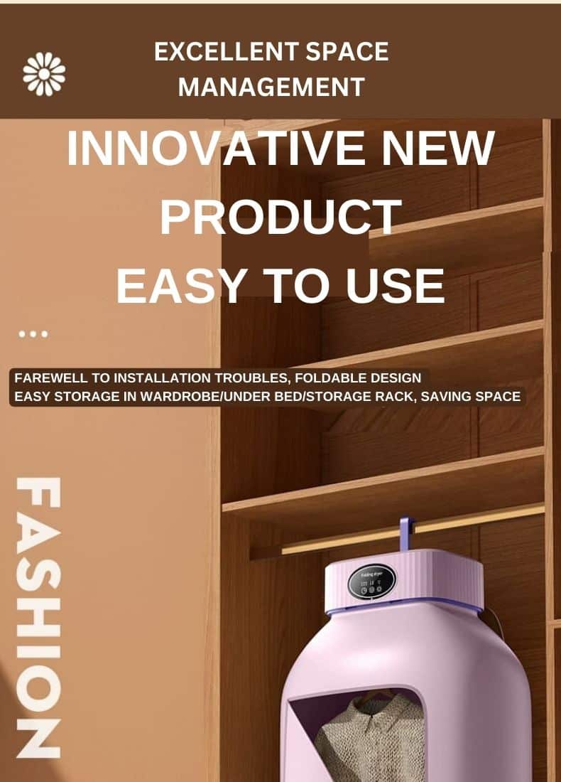This is a photo of the Clothes-Dryer-and-Sterilize. Showing the text Innovative product and easy to use