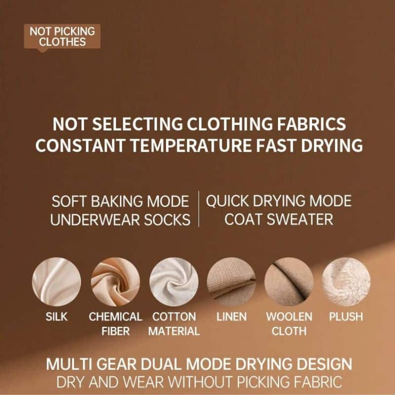 A picture with text showing thetypes of fabrics the dry can be used for.