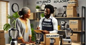 This image shows a seller and customer in a shop,. the customer returned an item he ordered and she is getting a replacement