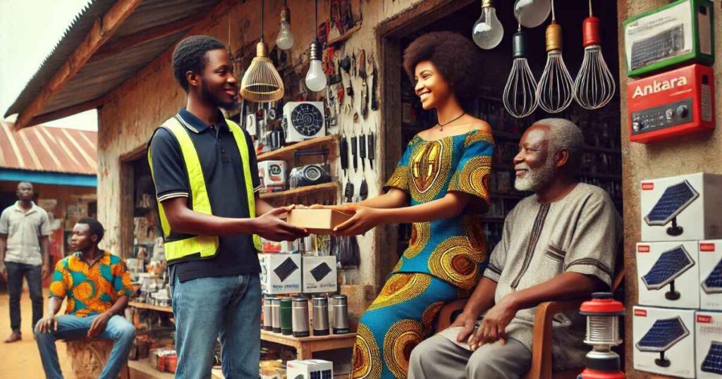This image depicts a seller who is handing a an item to a customer from a shop owned by someone else.