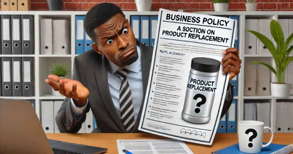 This is a photo of a frustrated customer looking at a business policy document with no return policy on it