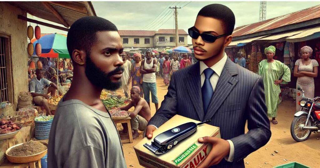 This photo depicts a customer buying a faulty product from a dubious seller is a shady market place.