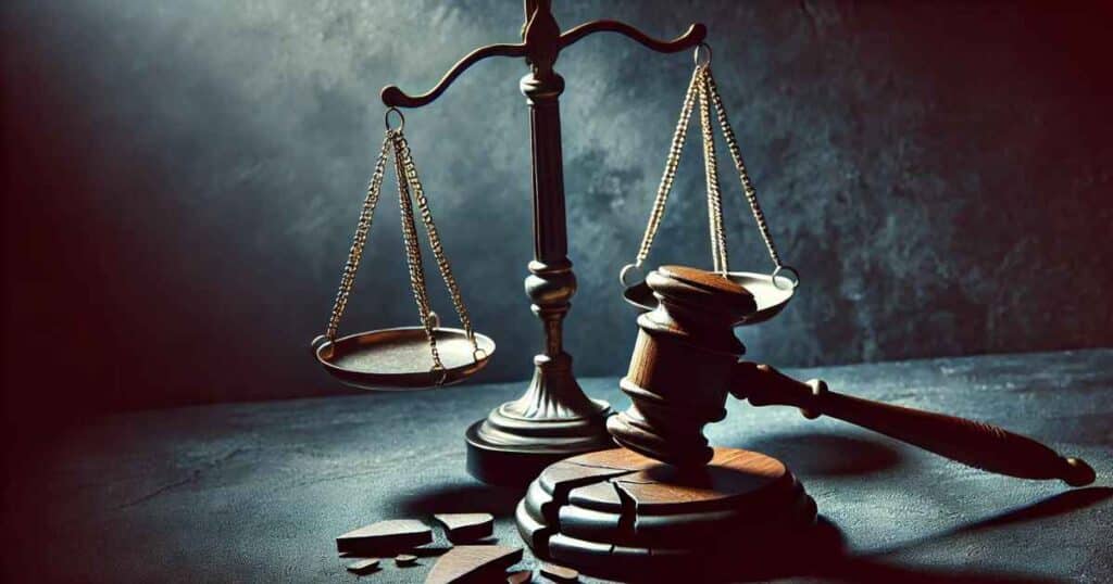 This is a photo of An illustration of a judge’s gavel next to a broken scale, symbolizing weak enforcement of laws. it depicts lack of customer law enforcement.
