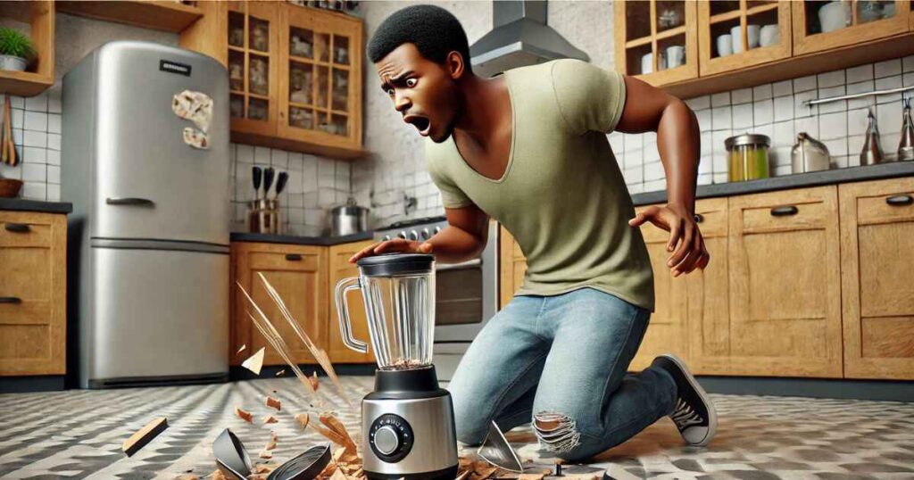 This is a photo a man dropping a blender on the floor. The blender shatters