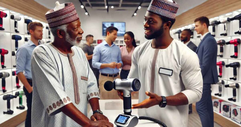 Photo of two men, a sales rep and an elderly customer from Northen Nigeria