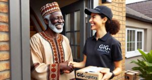 This Photo depicts a happy customer receiving a parcel from a delivery agent