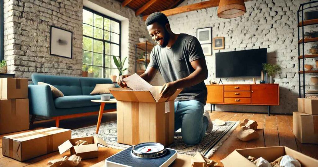 This is a photo of a man unboxing a package of an order delivered to him