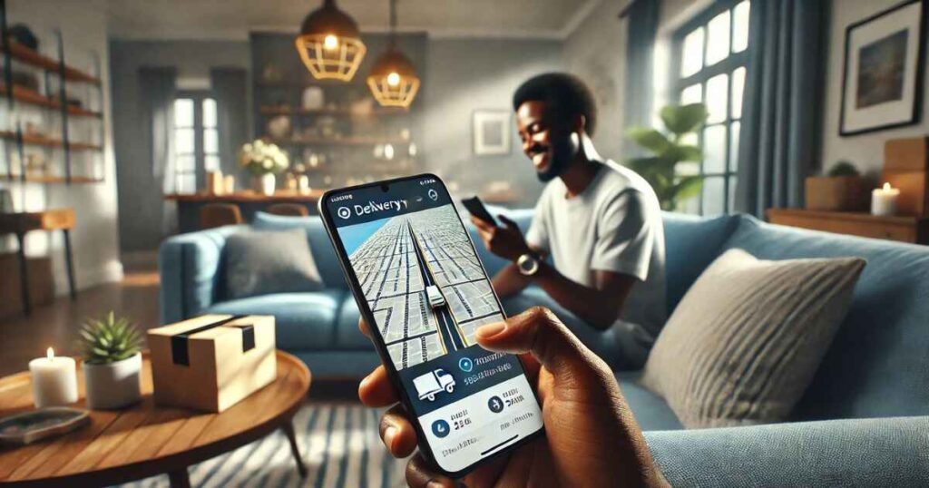 A photo of a customer tracking his order on a smartphone