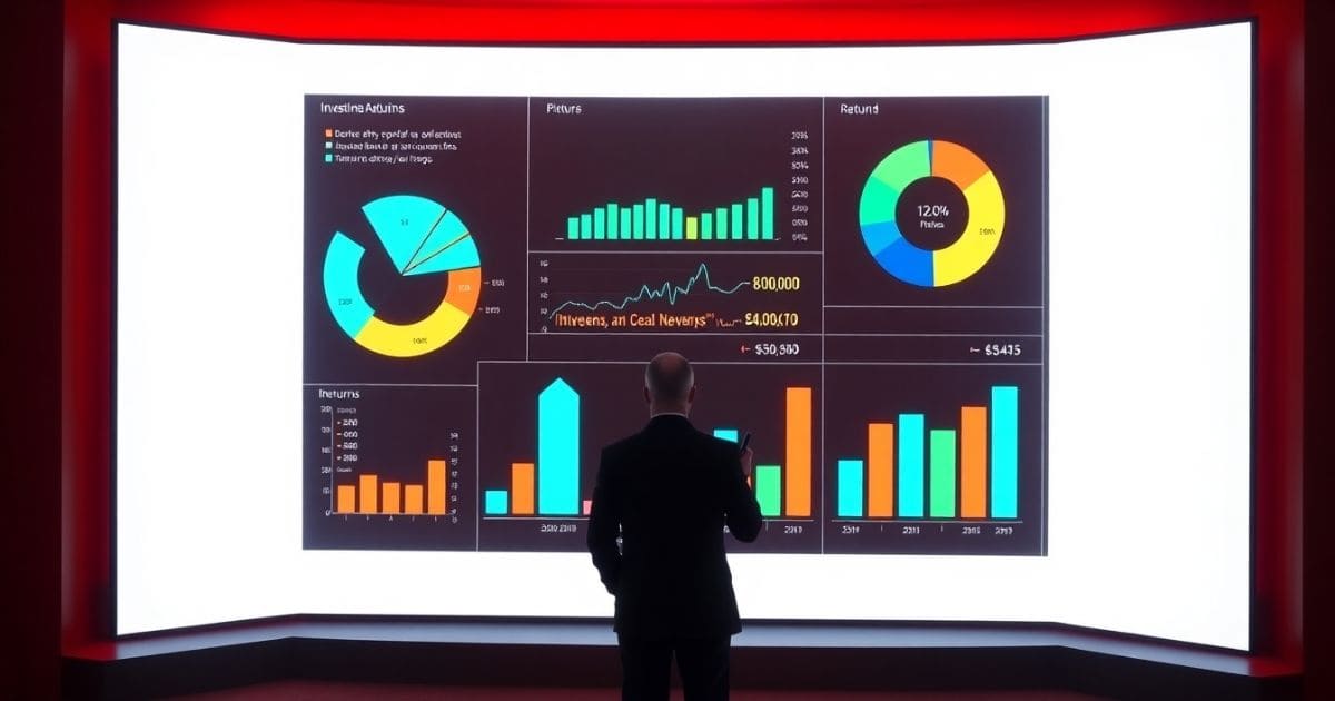 A man staring at a digital chart board showing results for return on investment.