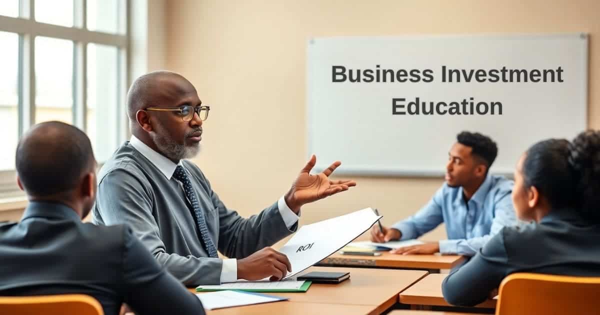 A professor in a class, teaching a couple of students Business class